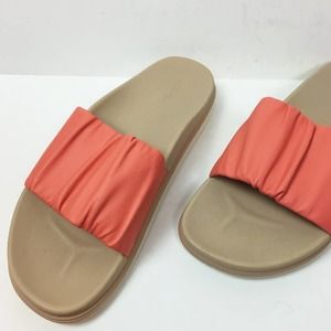 OluKai Pihapiha Ruched Leather Slide Sandals Coral
